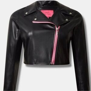 Torrid x Betsey Johnson Black & Hot Pink Faux Leather Crop Moto Jacket size 24